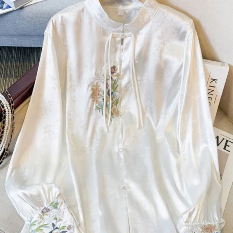 

New Chinese Style Retro National Stand Collar Embroidery Jacquard Acetate Satin Long Sleeve White Shirt