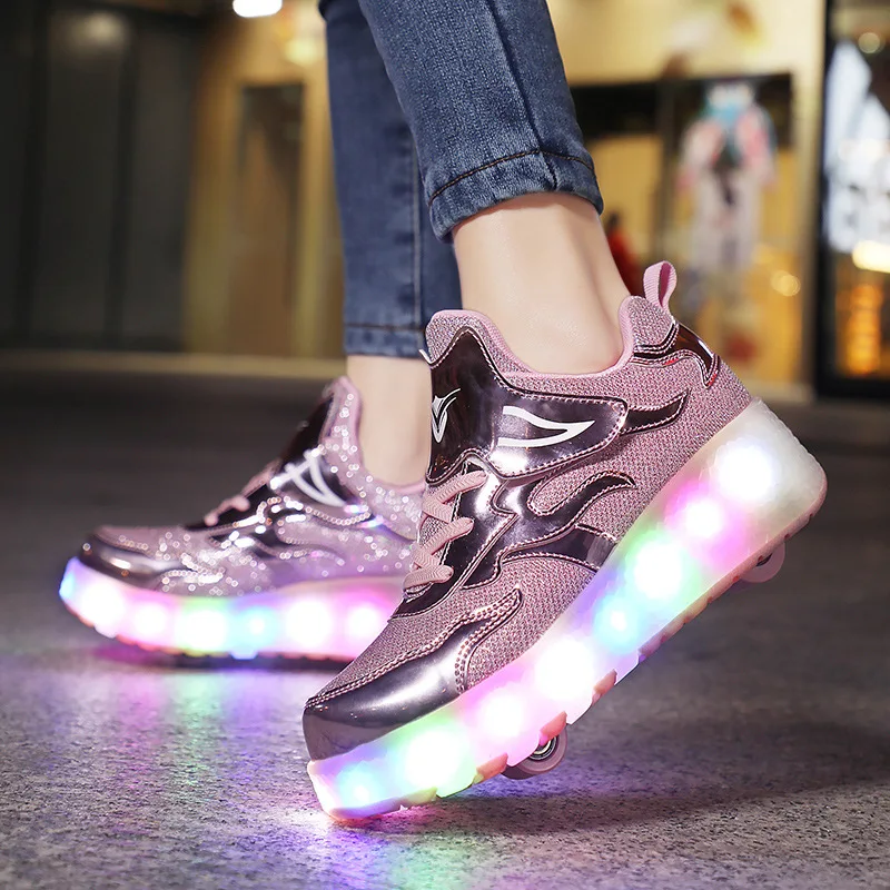 Children Roller Skates Tow Wheels Shoes Glowing Fashion Children Sport Shoes Casual Skating USB LED Light Sneakers for Kids