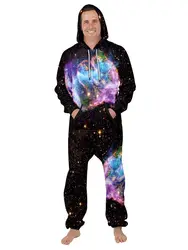 Unisex Space Galaxy Star Printed Loungewear Pajamas Unisex Loose Hooded Zipper Open Sleepwear for Adult Thick Jumpsuits