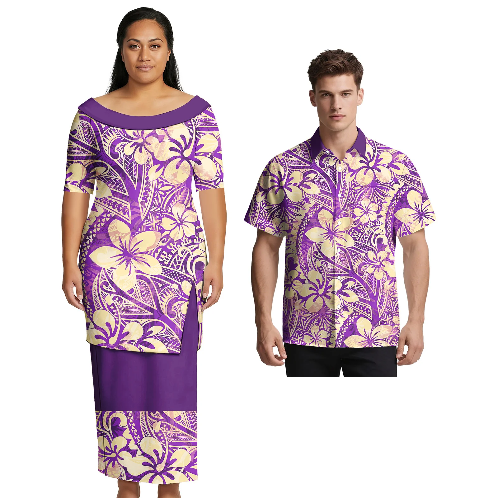 Unisex Plumeria Hawaiian Print Custom Clothes Samoan Couple Suit Polynesian Oversize Women Skirts Men Shirt Couple Match Outfits