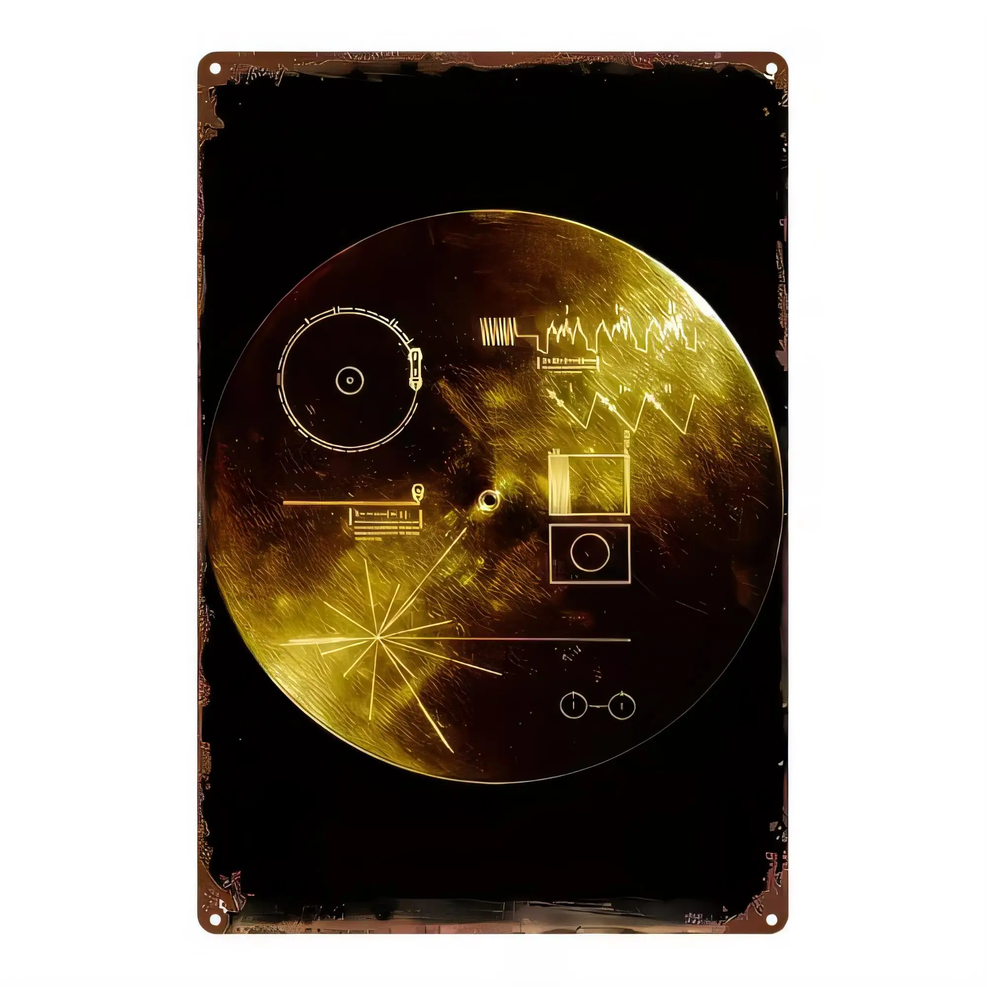 Tin Sign Retro DJ Turntable Music Vinyl Disc Wall Decor for Man Cave Bar Pub, Industrial Metal Poster, Gold Black Audio Artwork,