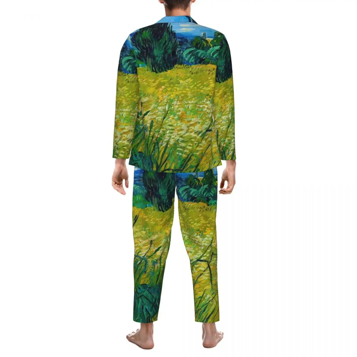 Pajamas Male Van Gogh Sleep Sleepwear green wheat field 2 Pieces Casual Pajamas Set Long Sleeve Romantic Oversize Home Suit