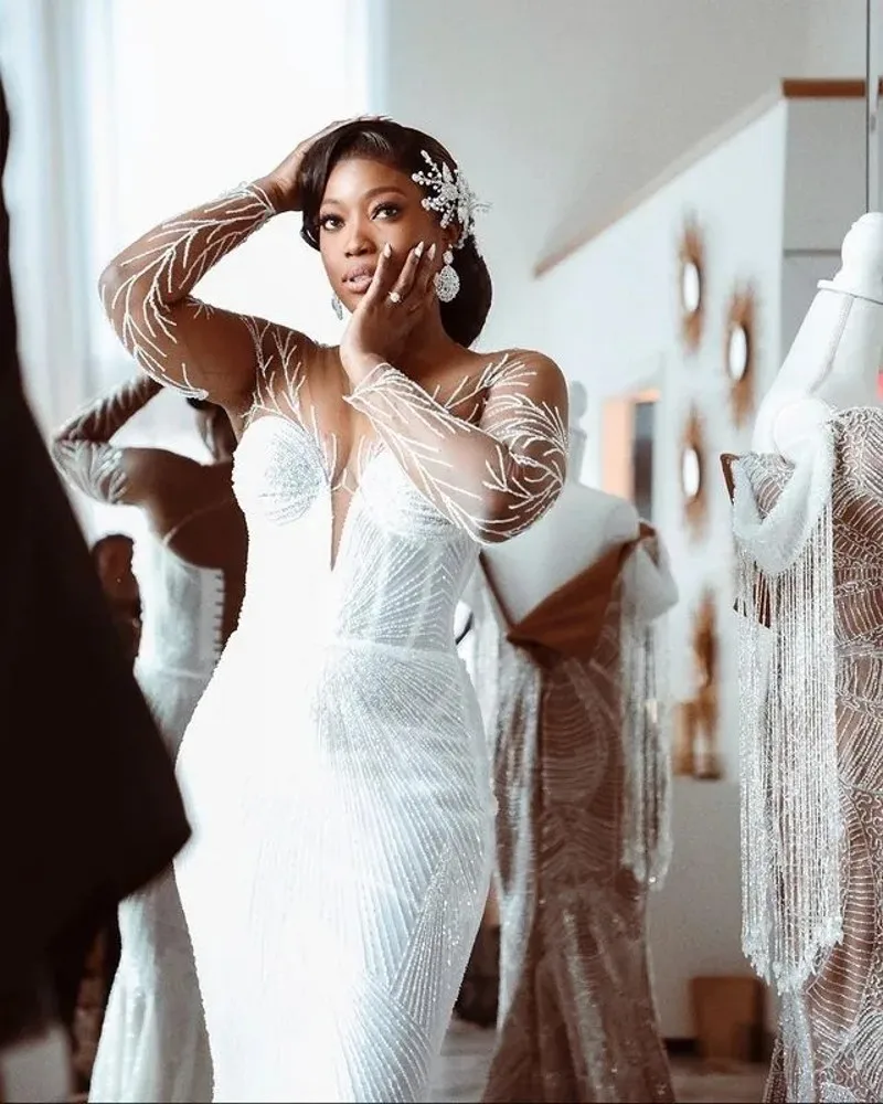 2025 Arabic Aso Ebi Mermaid Wedding Dress Sheer Neck Beaded Sequined Lace Sexy Stunning Bridal Gowns Dresses Vestido De Noiva