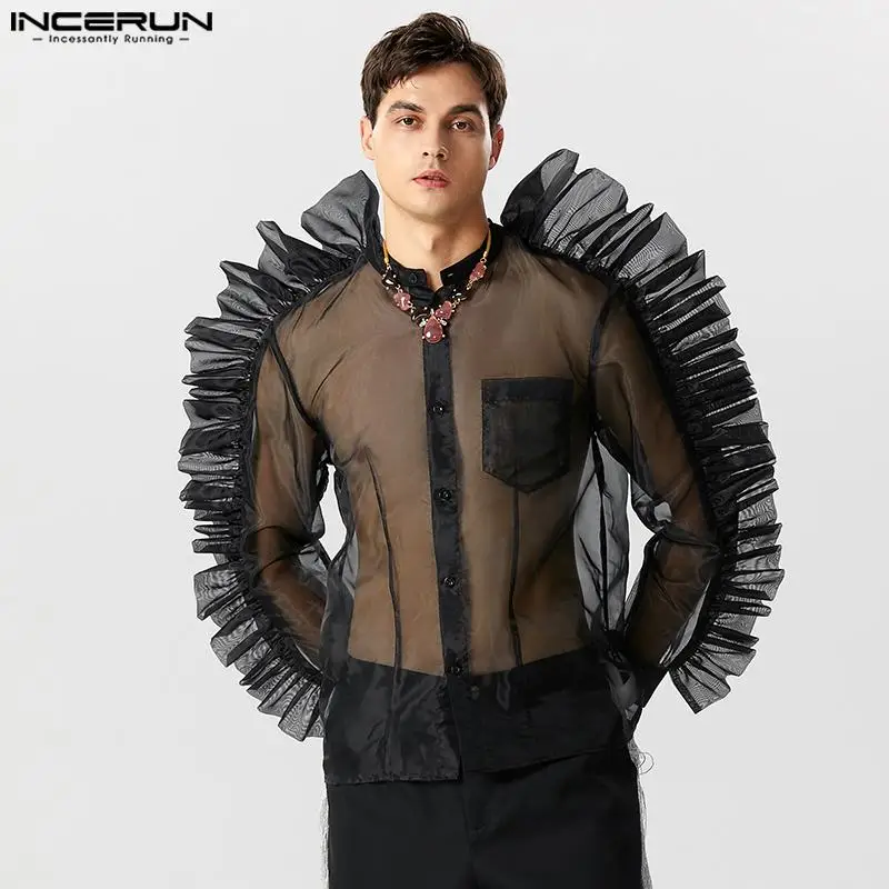 Casual Stylish Style Tops INCERUN Men\'s Fashion Sexy Pleated Mesh Shirts Handsome Male Patchwork Long Sleeved Blouse S-5XL 2023