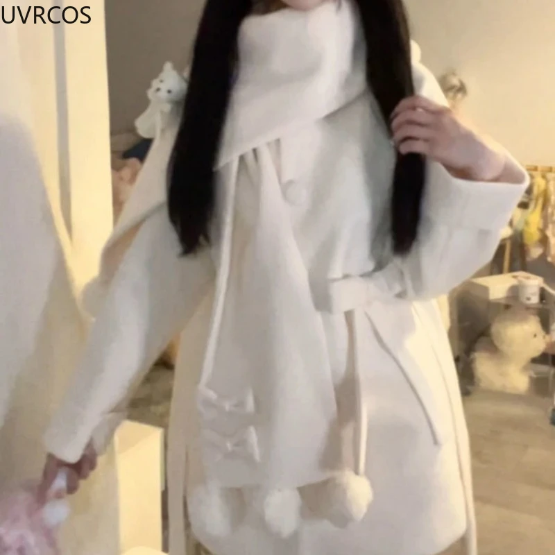 Autumn Winter Japanese Preppy Style Woolen Coat Women Kawaii Bow Cartoon Bear Scarf Loose Long Jackets Sweet Y2k Lolita Outwear