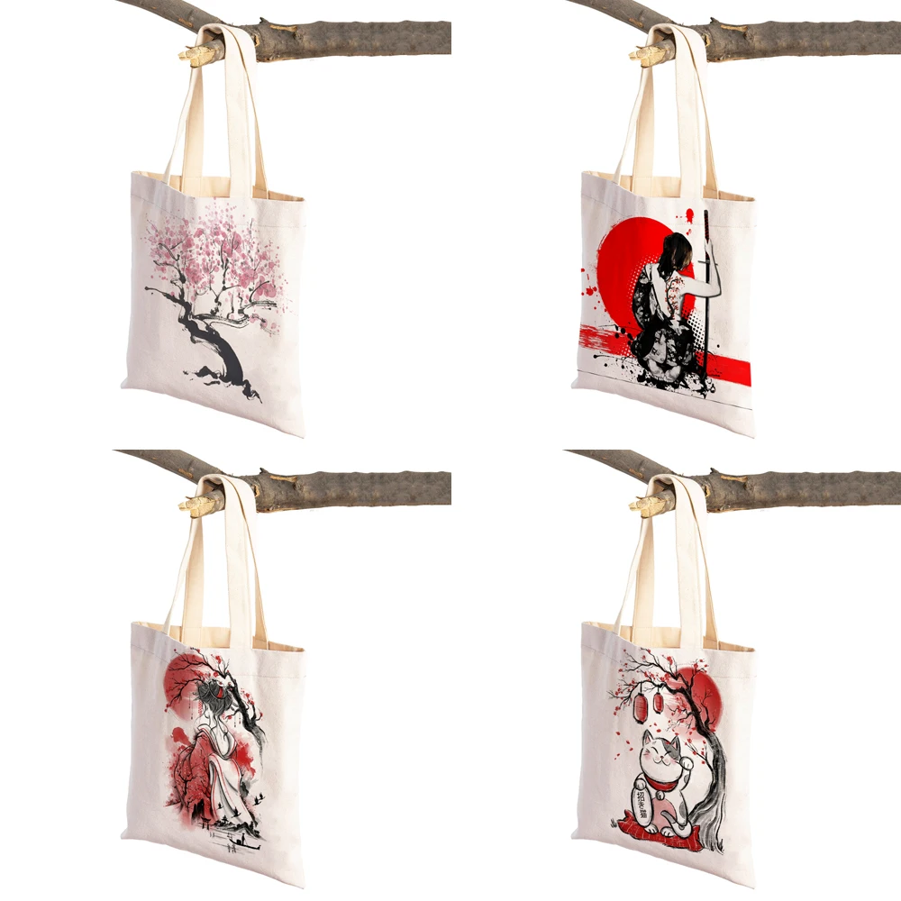 Fashion Japanese Ink Women Canvas School Bag Shopping Bag Both Sided Print Beautiful Scenery Cat Girl Student Travel Tote