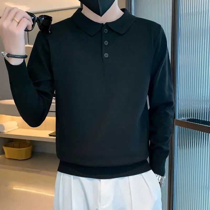 Male Clothes Collared Tops with Collar Knit T Shirts for Men New Rock Quality Neck Polo It Regular Fit Cotton Full Sleeve Social