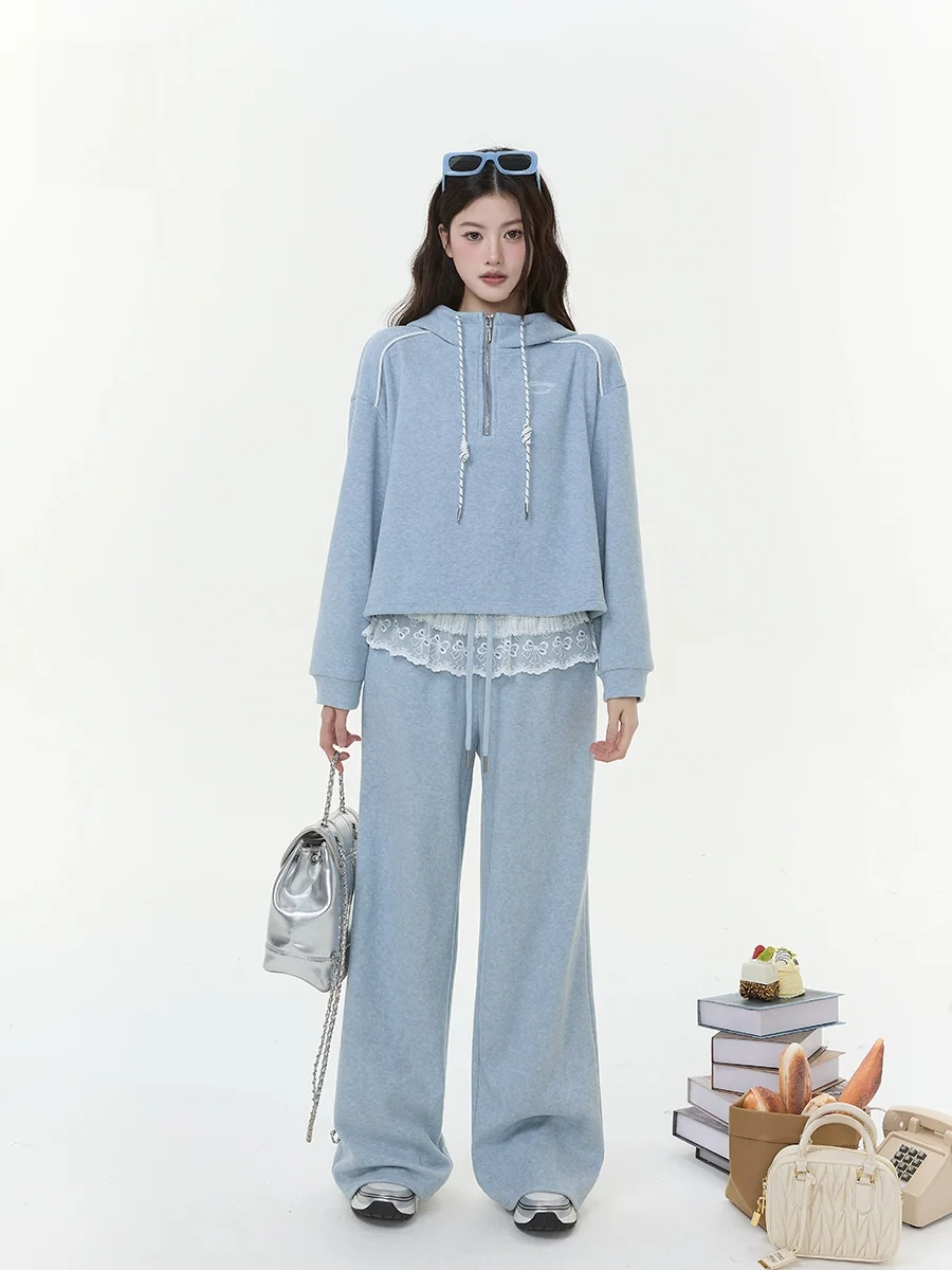 

Women's Fce Lined Lace Patchwork Hoodie Set Long Sve Wide Leg Pants Anti Aging Two Piece Suit Casual Spor Adult Wear