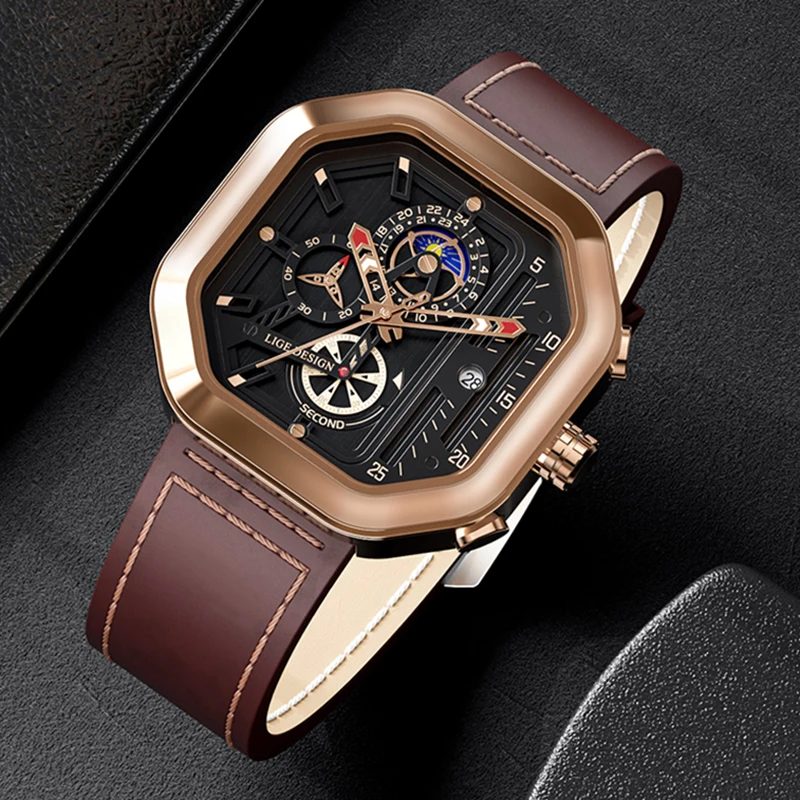 Часы наручные LIGE мужские с квадратным циферблатом, модные брендовые Роскошные водонепроницаемые кварцевые деловые спортивные с хронографом