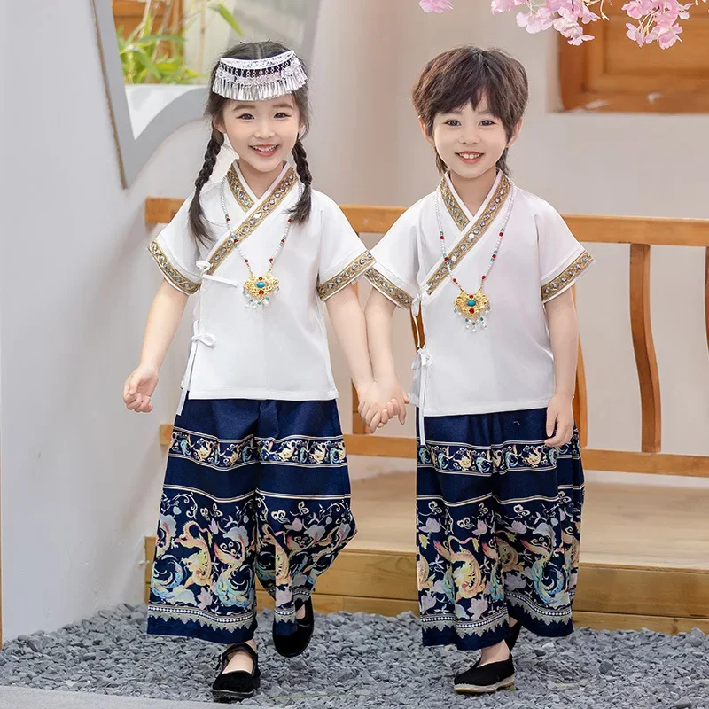 Ancient Costume Hanfu Boys Set Casual Summer Big Girls Tang Suit Children's Day Clothes Ethnic Baby Sets Performance Kids Outfit