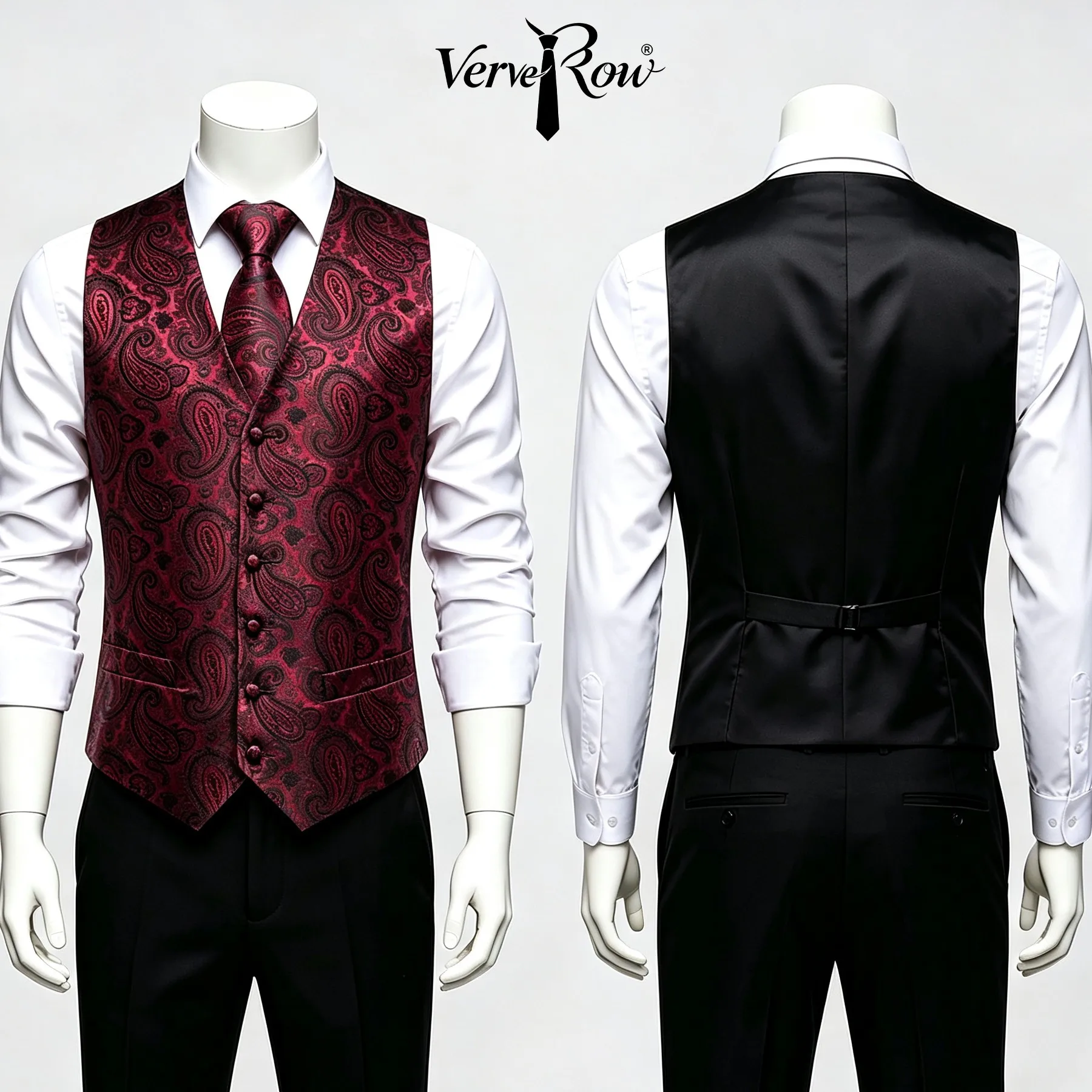 VERVEROW Men Floral Paisley Suit Vest Set Burgundy Jacquard Waistcoat Matching Necktie Handkerchief For Formal Occasion Prom