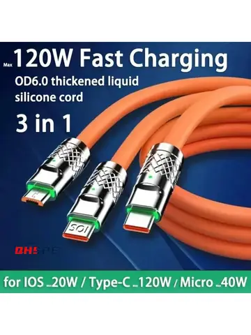 120W 6A Fast Charging C Type Cable Micro3 in 1 Micro USB iPhone Charging Cable Samsung Huawei Xiaomi Phone Charger USB Cable