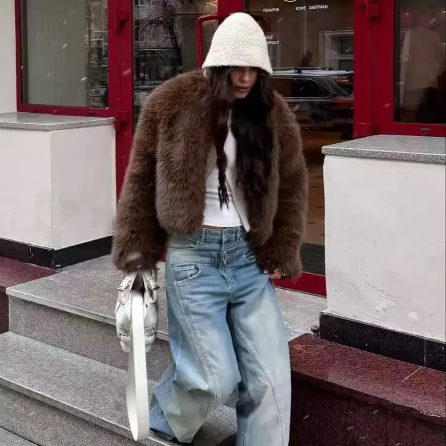 Women Short Faux Fur Coat Round Neck Open Front Fluffy Shaggy Cropped Jacket Winter Oversized Outerwear Streetwear