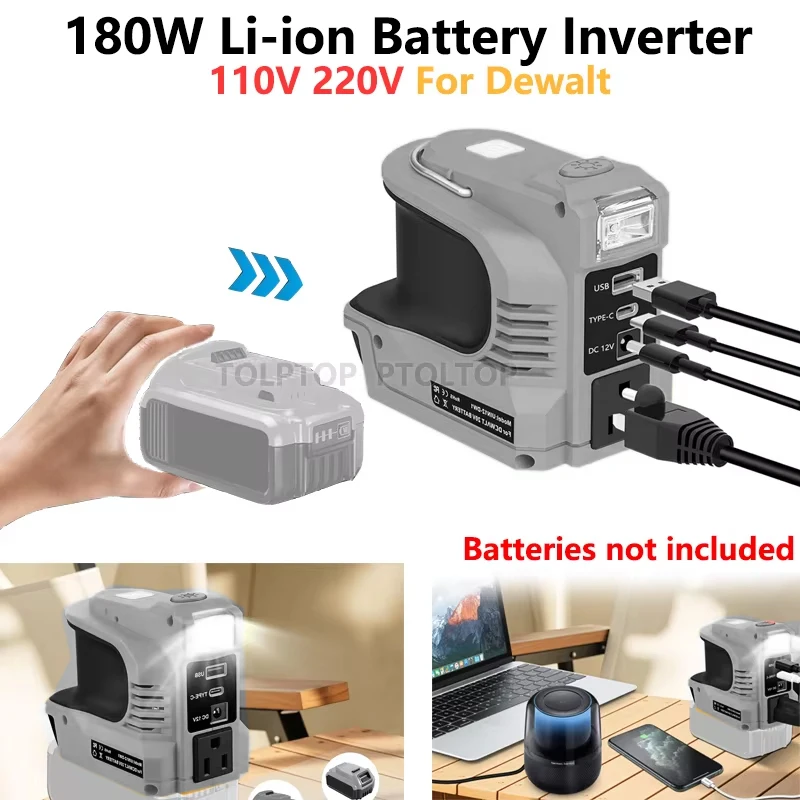 

NEW 110V/220V Portable Inverter Power Station For Dewalt 18V 20V Lithium Battery 180W Outdoor Inverter Generator with USB/Type-C