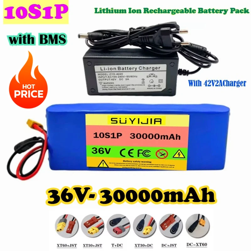 

New 10S1P 36V 30000mAh 18650 Lithium Ion Rechargeable Battery Pack 20A with BMS Scooter and Bicycle Car Motorcycle +42V2ACharger