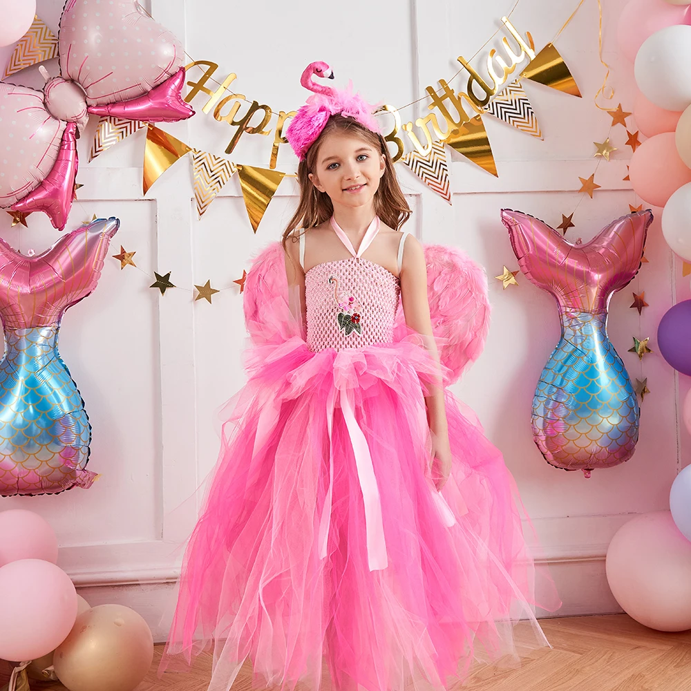 Graceful Flamingo Tutu Dress with Headband Wing Girls Long Bird Feather Fancy Costume Kids Birthday Party Princess Gown Dresses