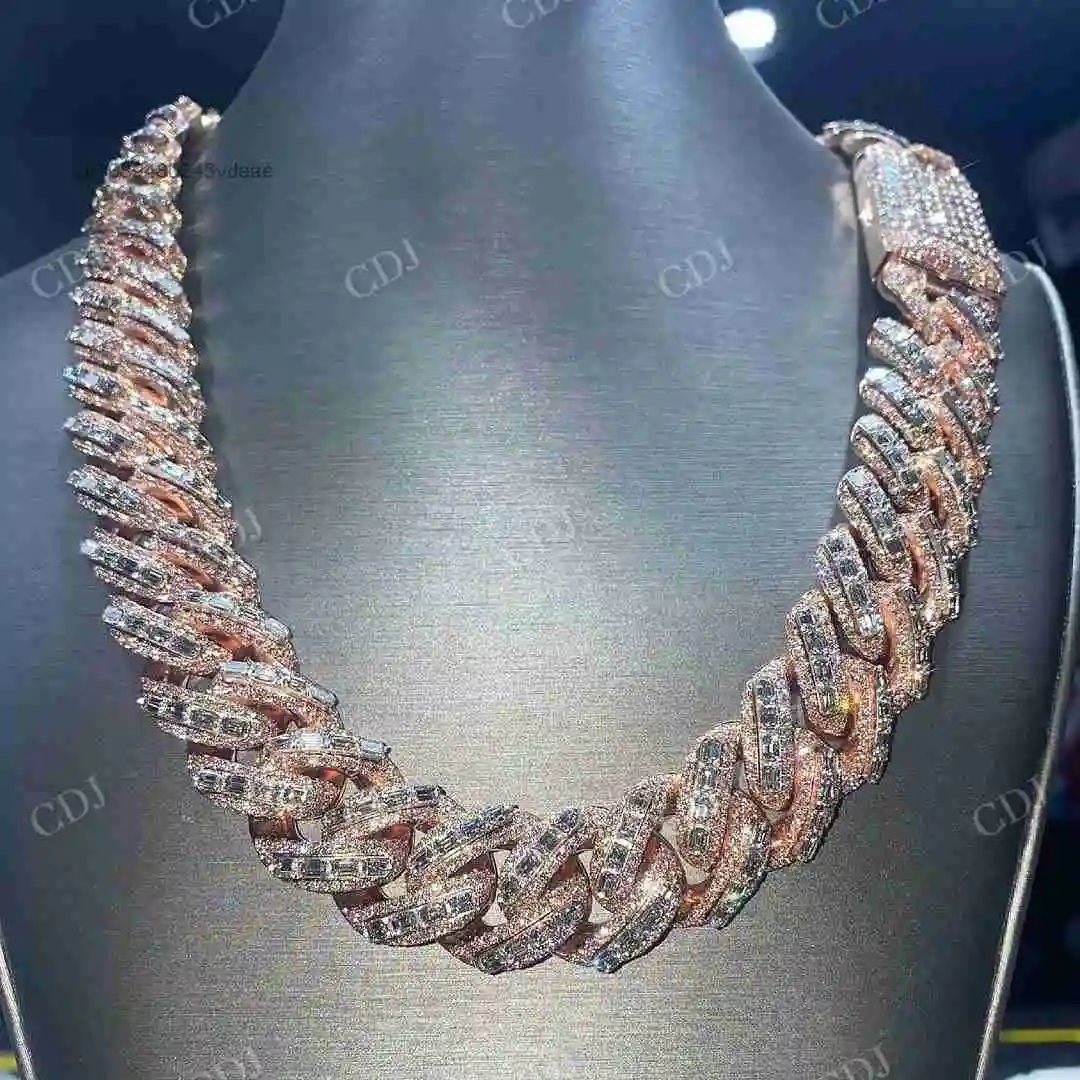 

925 Sterling Silver Full Iced Out Baguette Cut Custom Solid Rose Gold Plated VVS Moissanite Hip Hop Cuban Link Chain for Rapper