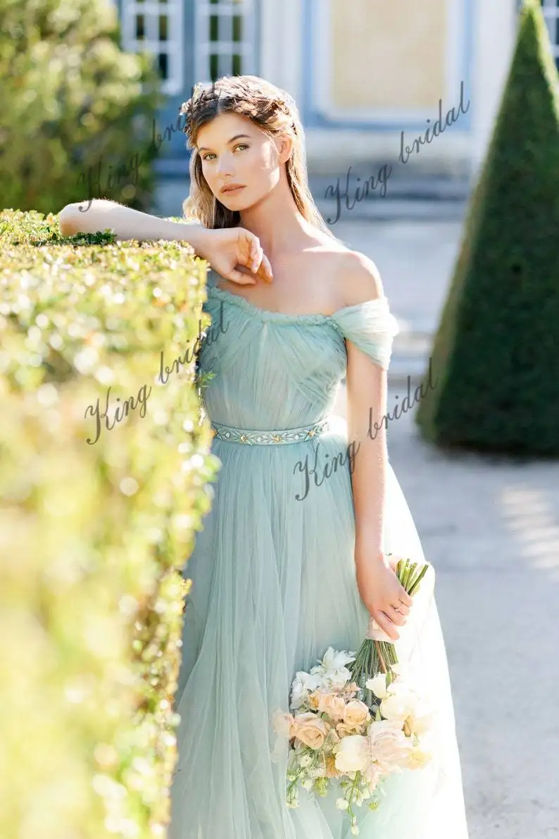 ウェディングドレス オフショルダー ブライダルドレス パステルミント フルチュール ドレープコルセット付きイブニングボールガウン ウェディングドレス バックレス