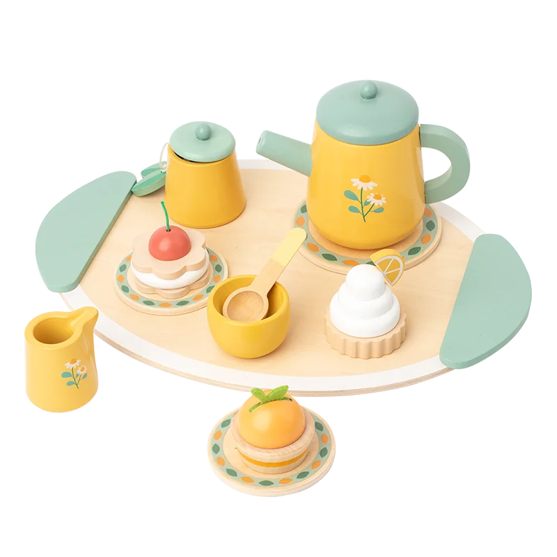 Casa de juegos de simulación para niños, juego de té real amarillo, juego de madera, juguetes Montessori