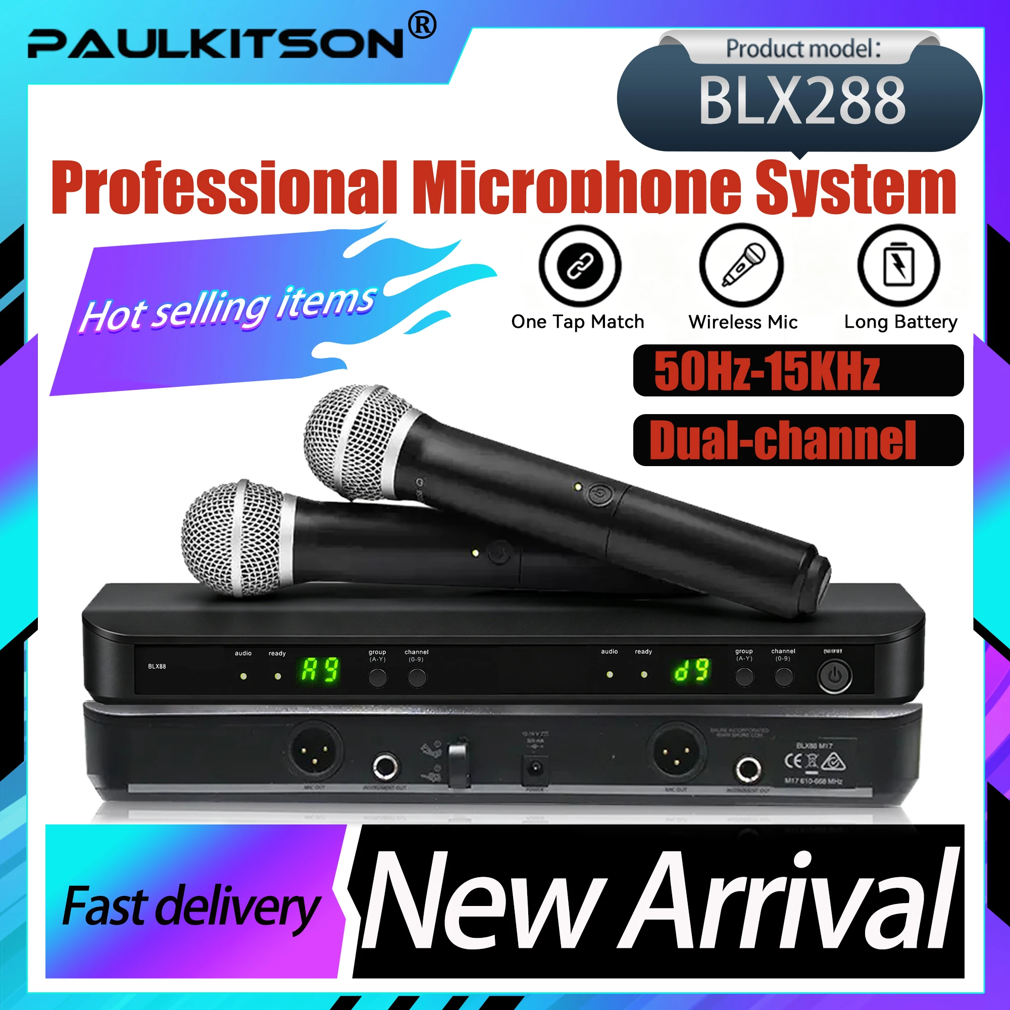 Paulkitson BLX288 UHF Dual Channel Wireless Handheld Mic 50Hz-15KHz One Tap Match Pro Stage Karaoke Live Vocal Microphone Kit