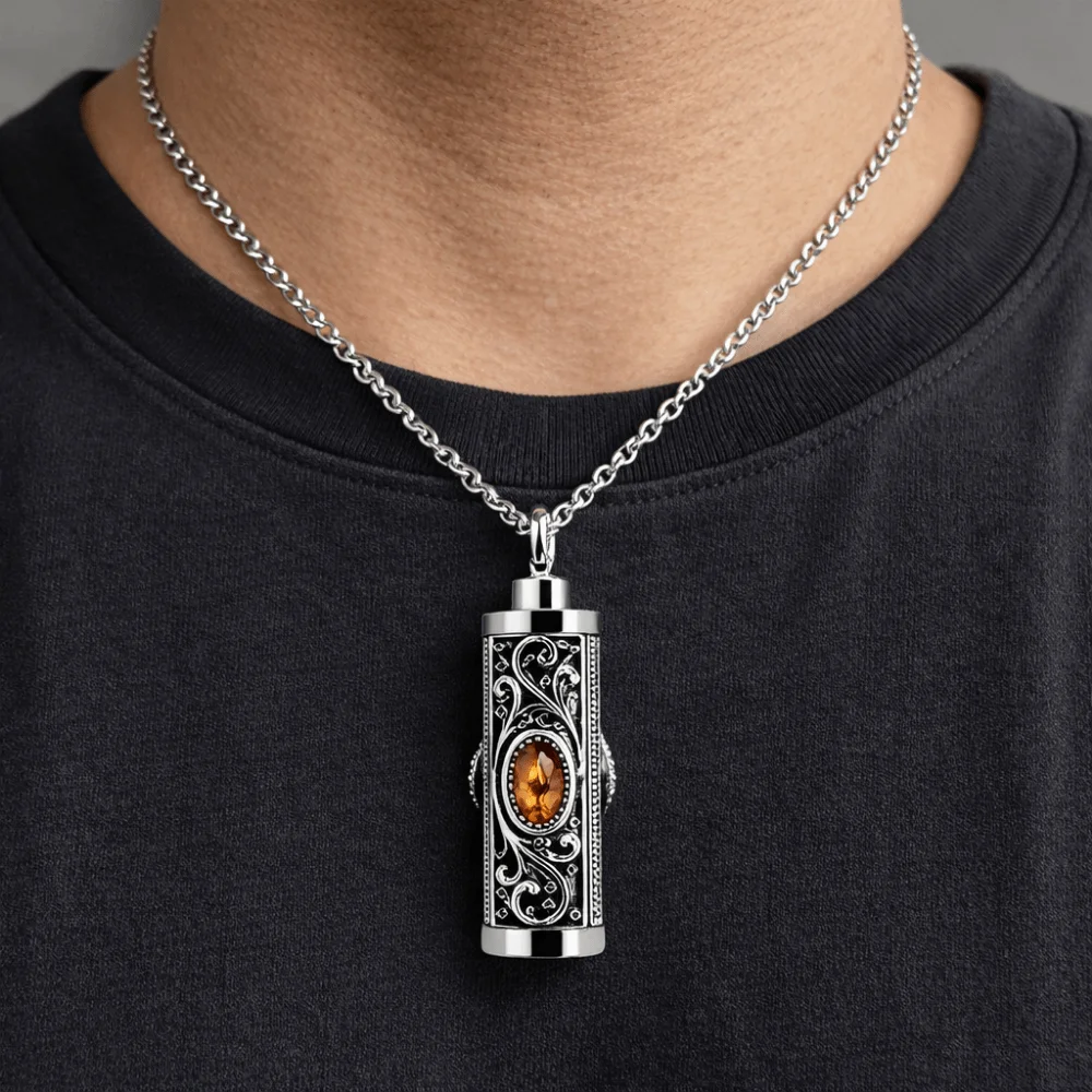 Crystal Cremation Urn Necklace Cylinder Birthstone Memorial Pendant Keepsake Retro Style Cremation Jewelry Pet Ashes