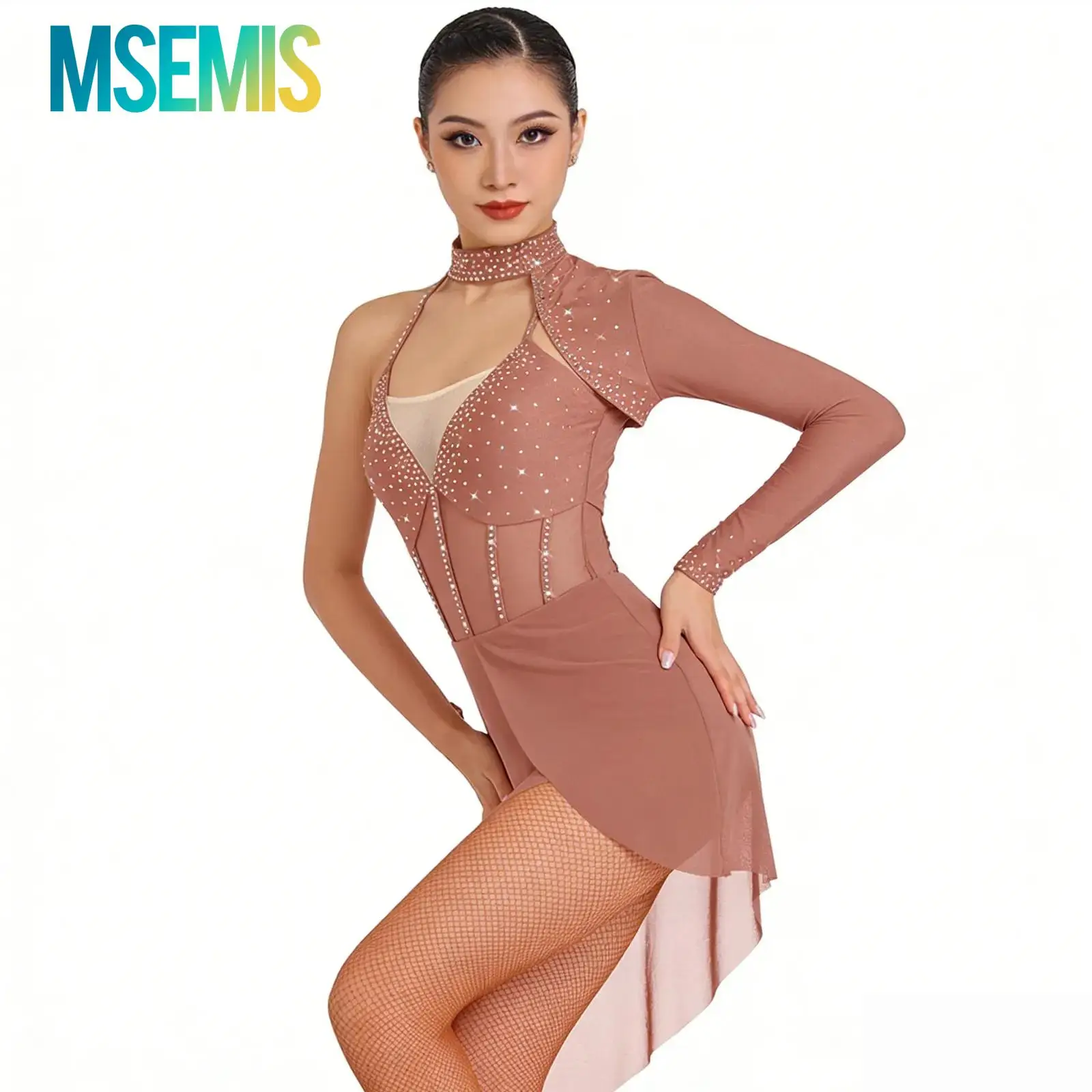 

Womens Latin Performance Dress Asymmetric Mesh Rhinestone Halter Dress Halter Backless Irregular Mesh Ballet Leotards Costume