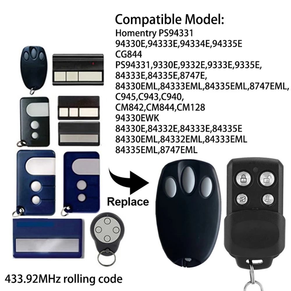 94335E 94330E 84335E 84330E 84335EML 94335EML MERLIN C840 C940 C943 C945 CM842 CM844 CM128 Garage Door Remote Control 433.92MHz