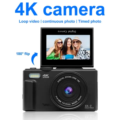 사진용 4K 디지털 카메라 및 18X 디지털 줌 카메라 64MP 컴팩트 블로깅 카메라 3'' 180 ° 플래시로 화면 뒤집기