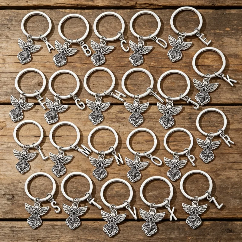 Vintage Angel Initial Letter Alloy Keychain Bag Charms Key Ring For Religious Enthusiasts Handmade Good Gift Jewelry