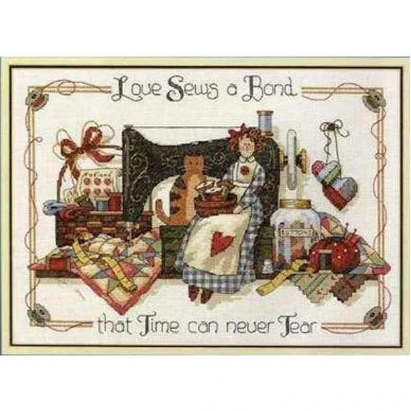 Amishop Gold Collection Counted Cross Stitch Kit Love Sews A Bond Sewing Sew Girl Woman Maid And Cat Kitten Kitty Dim 13624