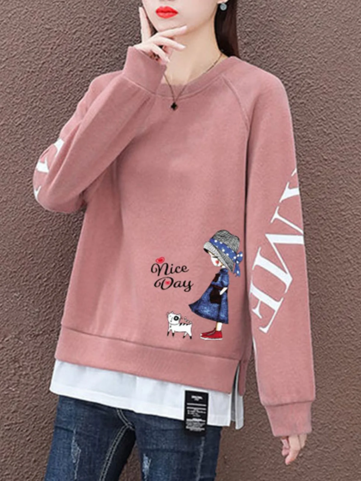 เสื้อสเวตเตอร์ทรงหลวม คอกลม แขนยาว ความยาวปานกลาง สไตล์เกาหลี เสื้อคลุมแฟชั่น ทันสมัย ดีไซน์สองชิ้นในตัว สำหรับฤดูใบไม้ผลิ ฤดูใบไม้ร่วง ฤดูหนาว