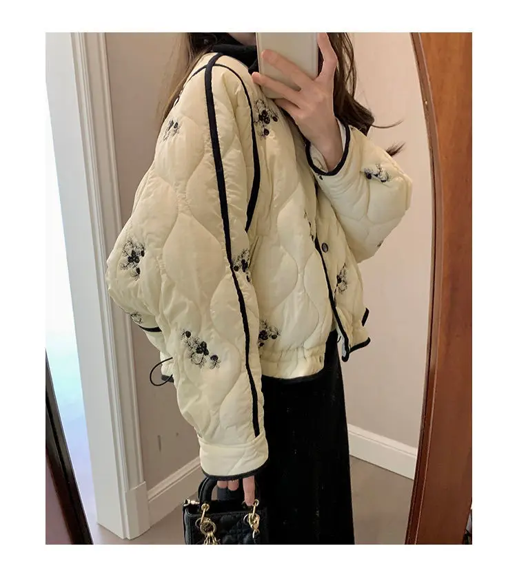 Korean Style Aesthetic Floral Quilted Parkas Coat Drawstring Short Jackets Sexy Women Winter Outerwear Women French Office Lady