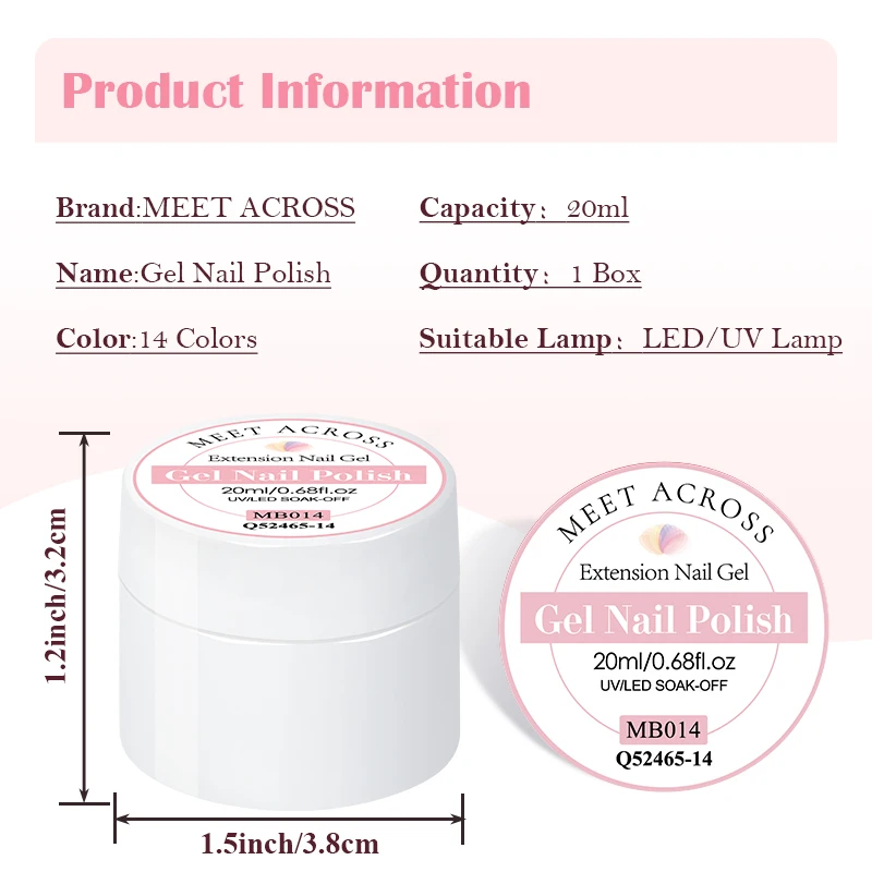 MEET ACROSS 20ml Hard Extension Nail Gel System Milky White Pink Transparent Builder Nail Art Varnishes Gel for Manicure Design