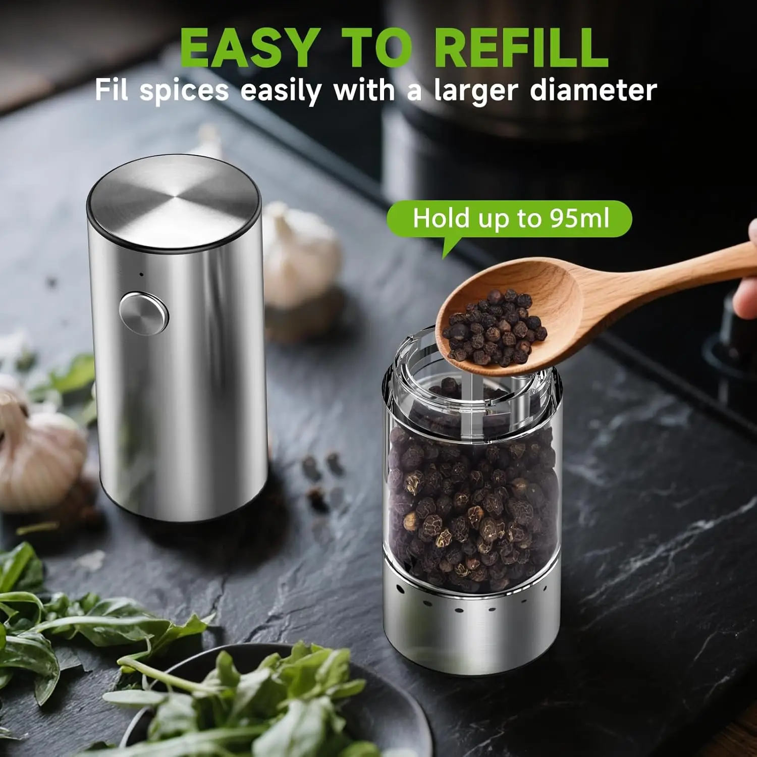 Set of 2 Electric Automatic Salt and Pepper Grinder Updated USB Rechargeable Adjustable 5 Level Coarseness Refillable Gear
