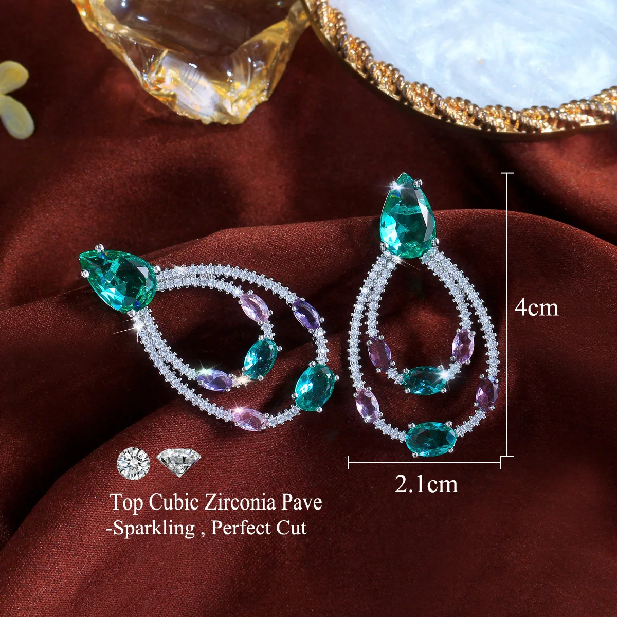 CWWZircons Gorgeous Double Circle Drop Light Blue Cubic Zirconia Crystal Dangle Earrings Trendy Female Party Jewelry Gifts E0318