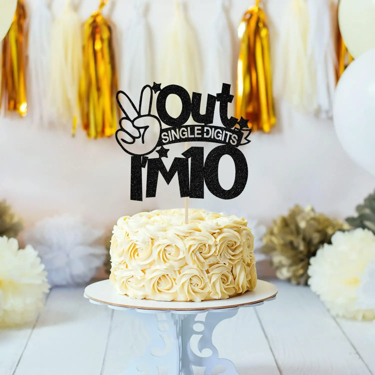 1 Pack Out Single Digits I\'m 10 Cake Topper, Double Digits 10, for Boys Girls 10th Birthday Decorations Black Glitter