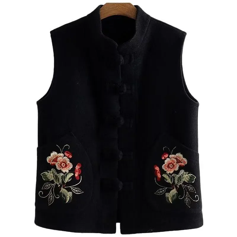 Retro Chinese Style Top Vest Women Modern Tang Suit Fall Winter Embroidery Buckle Clothes Waistcoat Jacket Ethnic Top