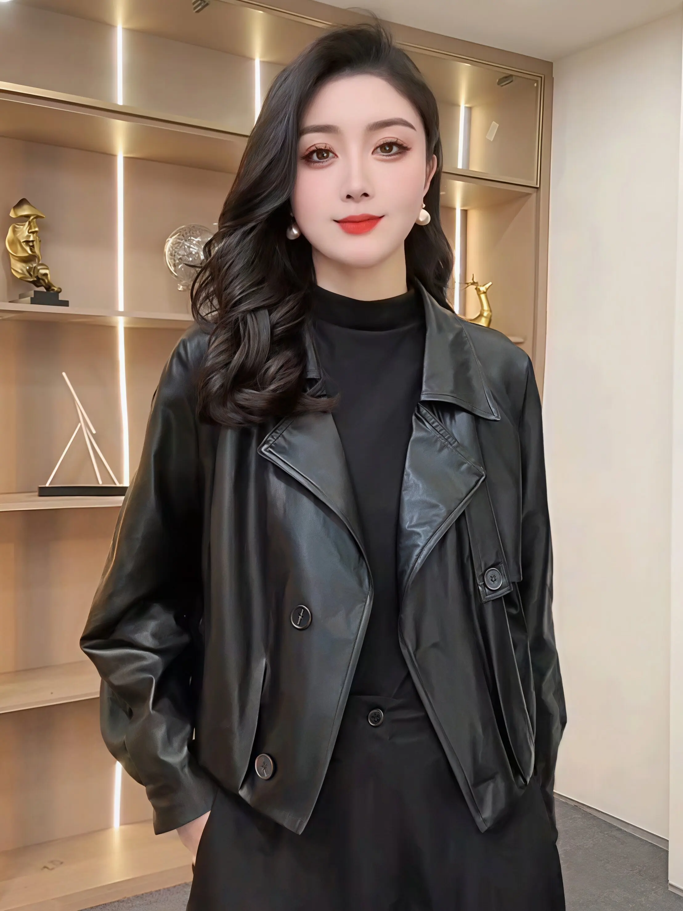 

Retro Suit Collar Short Leather Jacket Women's Outerwear Stylish Spring 2026 Fashion Miniature Biker Jacket Top PU Leather