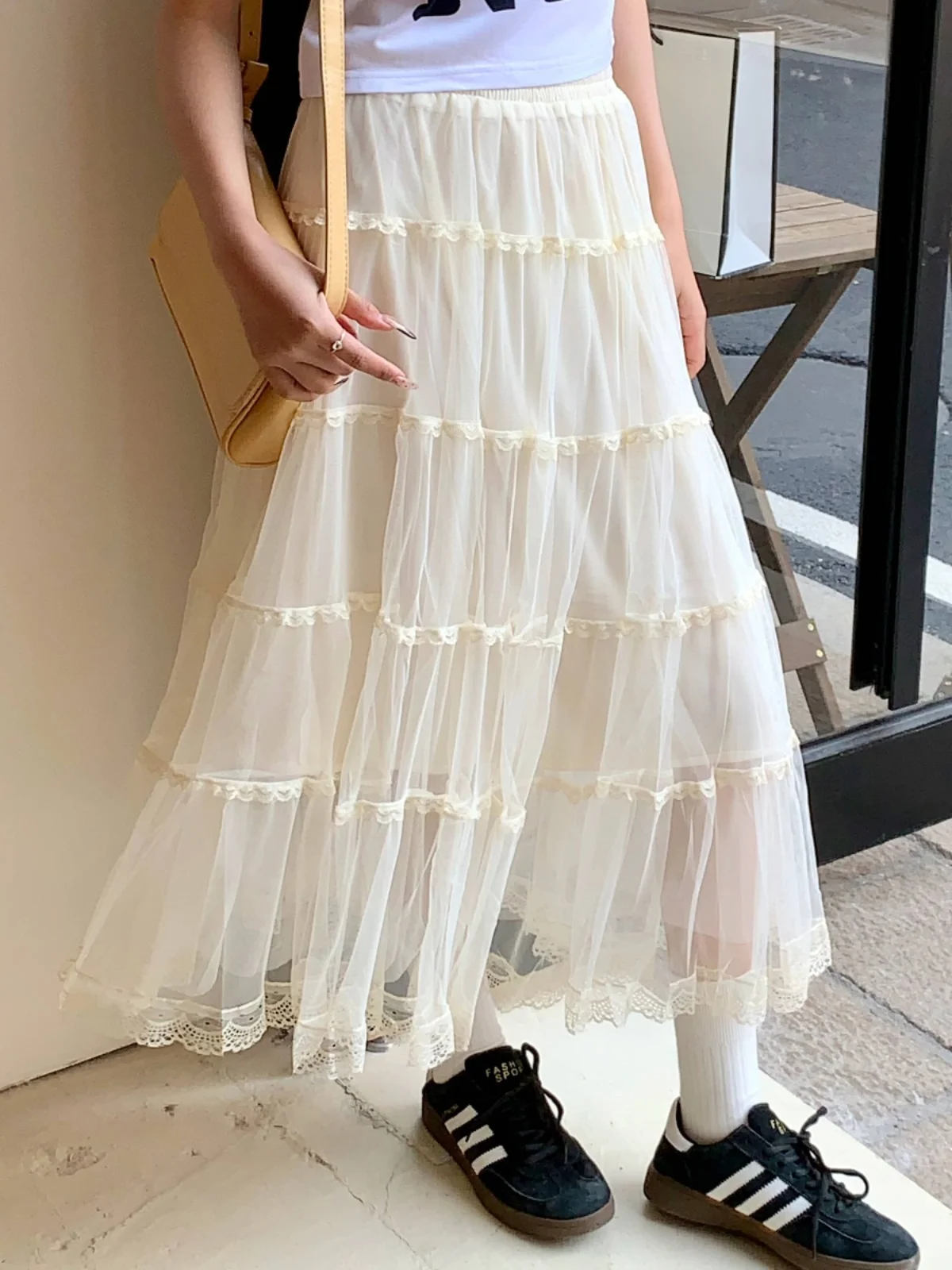 

High Waist Midi A-Line Skirt Women's Lace Me f Skirt Spring Summer New Sle Fairy Gown Skirt Hip Covering Wide Hem