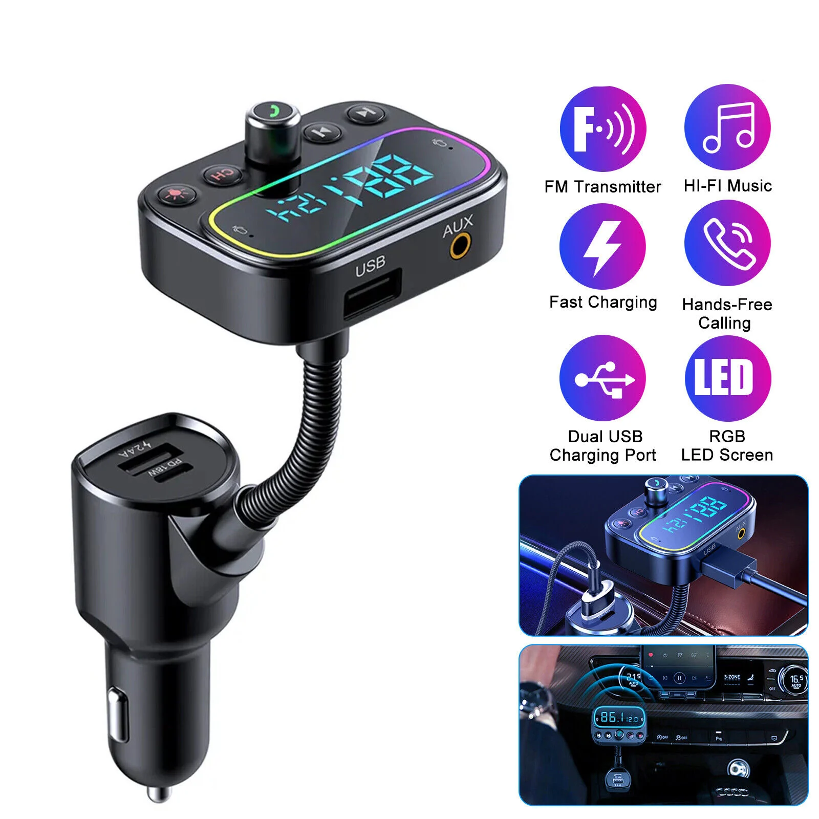 Car Wireless Bluetooth FM Transmitter 3 USB-C PD Fast Charging 2.0'' LCD Display Monitor 9 Color Backlight Hands-Free Calling