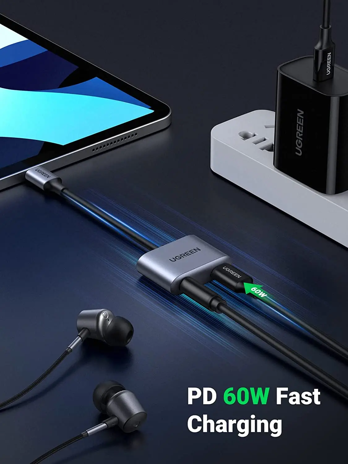 UGREEN 2 in 1 USB C to 3.5mm ヘッドフォン＆充電アダプター タイプC to Auxオーディオジャック PD 60W急速充電ドングル付き
