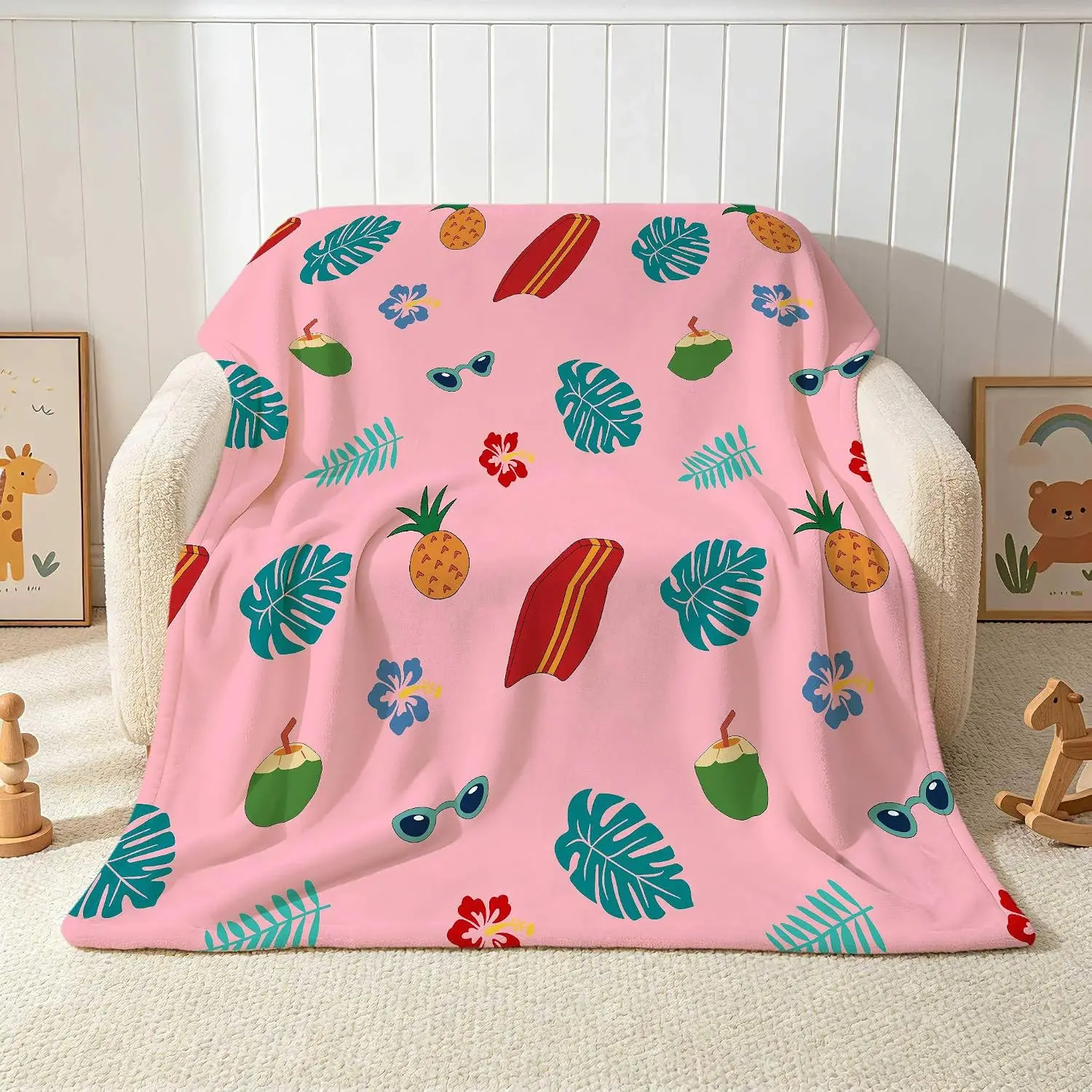 Pink Hawaiian Summer Flannel Throw Blanket Tropical Leaf Pineapple Surfboard Print Soft Warm Blanket for Sofa Bedroom Beach Gift