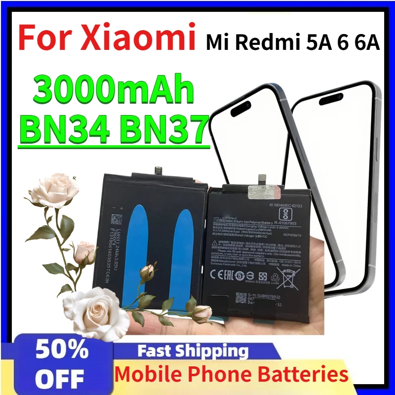 

3000mAh BN34 BN37 Zero Cycles Mobile Phone Batteries for Xiaomi Mi Redmi 5A 6 6A Replacement Lithium Battery High Quality