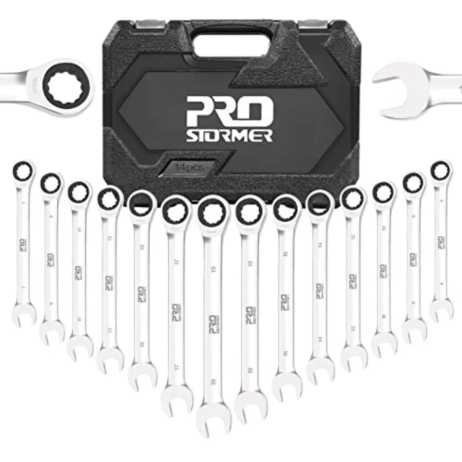 Prostormer 14-Piece Ratcheting Combination Wrench Set 6-19mm Metric Ratchet Wrenches Combo Cr-V Steel 72-Tooth Wrench Kit with
