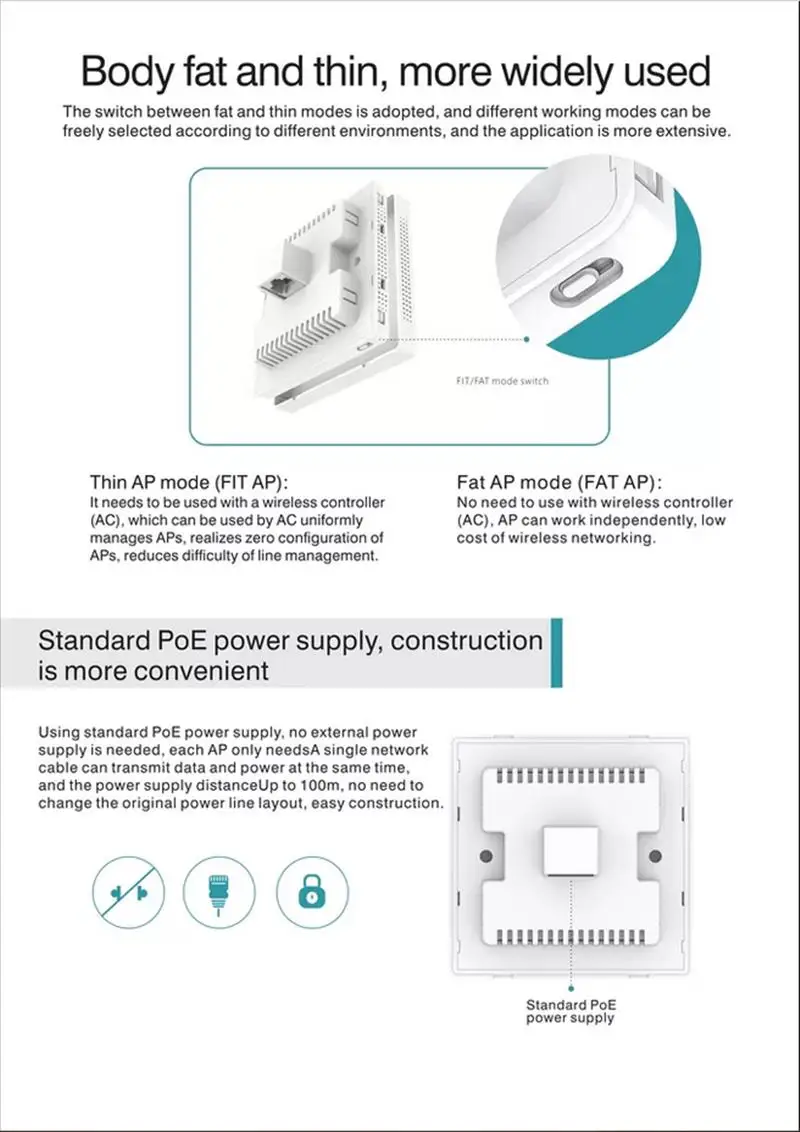 2.4G 300M + 5G 867M in Wall AP for WiFi project Indoor AP 802.11AC WiFi Access Point PoE Power Supply, 100M RJ45 Port*1