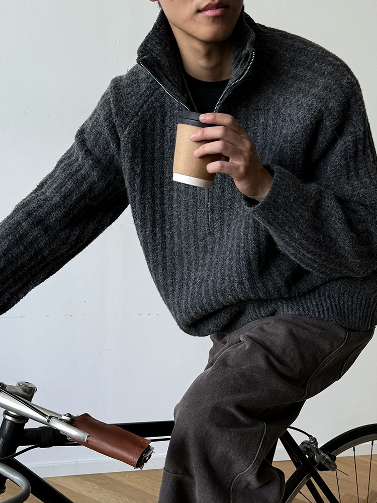 Maglione dolcevita con mezza zip in misto lana autunno inverno da uomo, tinta unita vintage, vestibilità rilassata, maglieria alla moda, pullover da uomo