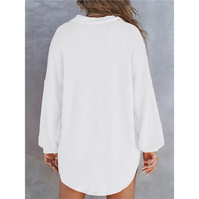 

ABRT-Women Waffle Knit Tops Henley Shirts Long Sleeve V Neck Solid Color Casual Tunic