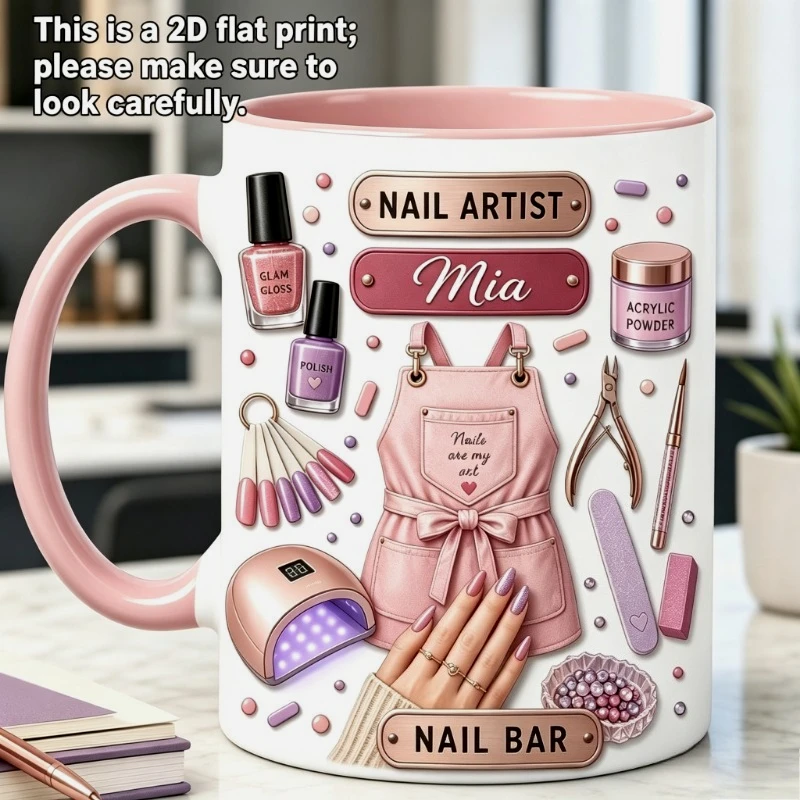 2D Printing Mug for Manicurist, Ceramic Coffee Mug, 11Oz, Customizable Name/text, UV Glue Nail Lamp Element Design, Microwave Ov