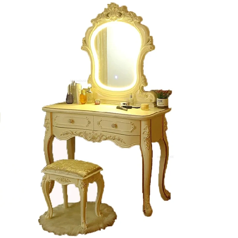 

European Carved Dressers Creative Bedroom Furniture Solid Wood Dressing Table Home Vanity Makeup Table with Mirror Retro Locker