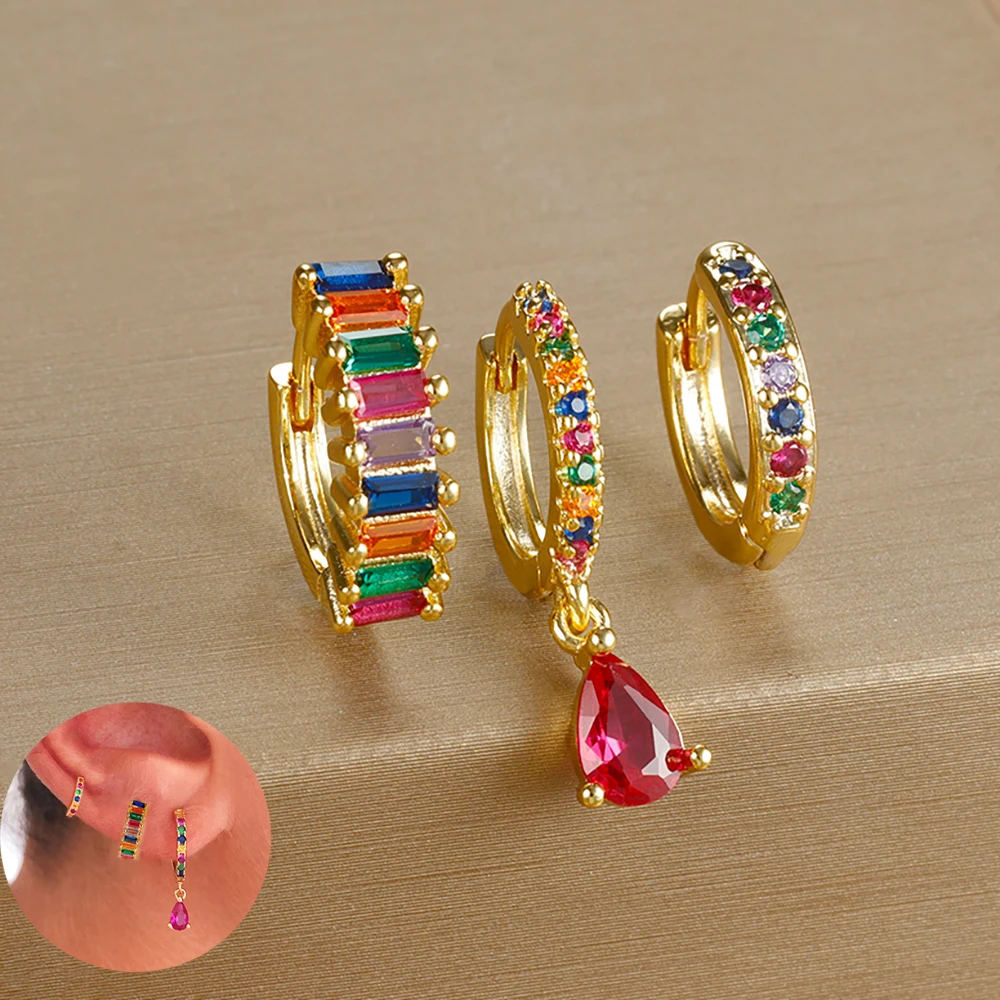 3PCS Colorful Cubic Zirconia Stainless Steel Hoop Earrings Set for Women Pendant Water Drop Earring Cartilage Piercing Jewelry